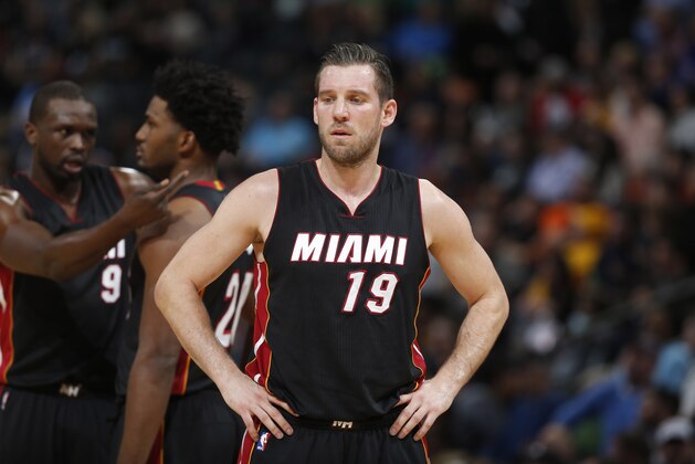 Miami Heat guard Beno Udrih (19) during the first half of an NBA basketball game Friday, Jan. 15, 2016, in Denver. (AP Photo/David Zalubowski)