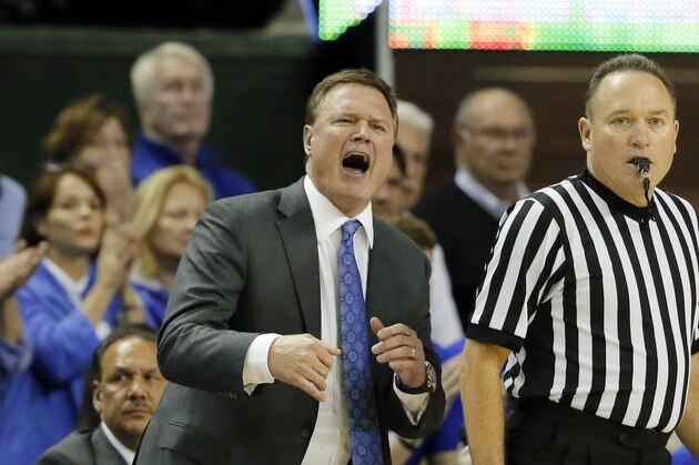 Kansas head coach Bill Self reacts to play against Baylor in the second half of an NCAA college basketball game, Tuesday, Feb. 23, 2016, in Waco, Texas. Kansas won 66-60. (AP Photo/Tony Gutierrez)