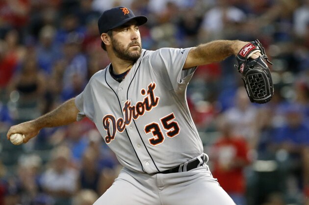 Detroit Tigers starting pitcher Justin Verlander (35) works against the Texas Rangers in the first inning of a baseball game Monday Sept. 28, 2015, in Arlington, Texas. (AP Photo/Ron Jenkins)
