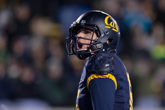 Nov 28, 2015; Berkeley, CA, USA; California Golden Bears quarterback Jared Goff (16) celebrates after a two point conversion against the Arizona State Sun Devils during the fourth quarter at Memorial Stadium. The California Golden Bears defeated the Arizona State Sun Devils 48-46. Mandatory Credit: Kelley L Cox-USA TODAY Sports