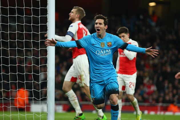 LONDON, ENGLAND - FEBRUARY 23: Lionel Messi of Barcelona celebrates scoring the opening goal during the UEFA Champions League round of 16 first leg match between Arsenal and Barcelona on February 23, 2016 in London, United Kingdom.  (Photo by Paul Gilham/Getty Images)