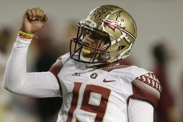 Florida State place kicker Roberto Aguayo celebrates after kicking a field goal during the second half of an NCAA College football game against Miami, Saturday, Nov. 15, 2014 in Miami Gardens, Fla. Florida State defeated Miami 30-26. (AP Photo/Wilfredo Lee)
