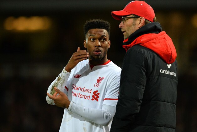 Liverpool's German manager Jurgen Klopp speaks with Liverpool's English striker Daniel Sturridge (L) during the English FA Cup fourth round replay football match between West Ham United and Liverpool at The Boleyn Ground in Upton Park, east London, on February 9, 2016. / AFP / GLYN KIRK / RESTRICTED TO EDITORIAL USE. No use with unauthorized audio, video, data, fixture lists, club/league logos or 'live' services. Online in-match use limited to 75 images, no video emulation. No use in betting, games or single club/league/player publications.  /         (Photo credit should read GLYN KIRK/AFP/Getty Images)