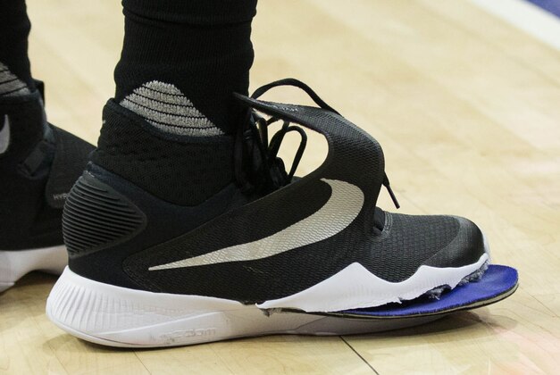 Feb 23, 2016; Philadelphia, PA, USA; The ripped sneaker of Orlando Magic forward Aaron Gordon (00) during the second half against the Philadelphia 76ers at Wells Fargo Center. The Orlando Magic won 124-115. Mandatory Credit: Bill Streicher-USA TODAY Sports