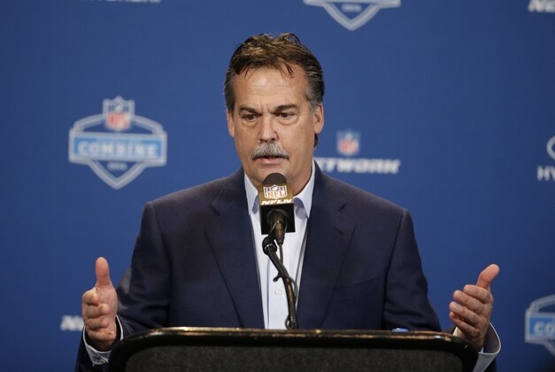 Los Angeles Rams head coach Jeff Fisher responds to a question during a news conference at the NFL football scouting combine, Wednesday, Feb. 24, 2016, in Indianapolis.  (AP Photo/Darron Cummings)