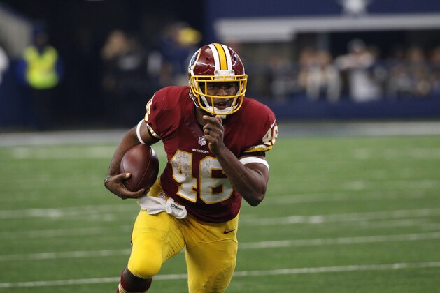 Washington Redskins running back Alfred Morris (46) runs the ball against the Dallas Cowboys during an NFL football game, Sunday, Jan. 3, 2016, in Arlington, Texas. (AP Photo/Roger Steinman)