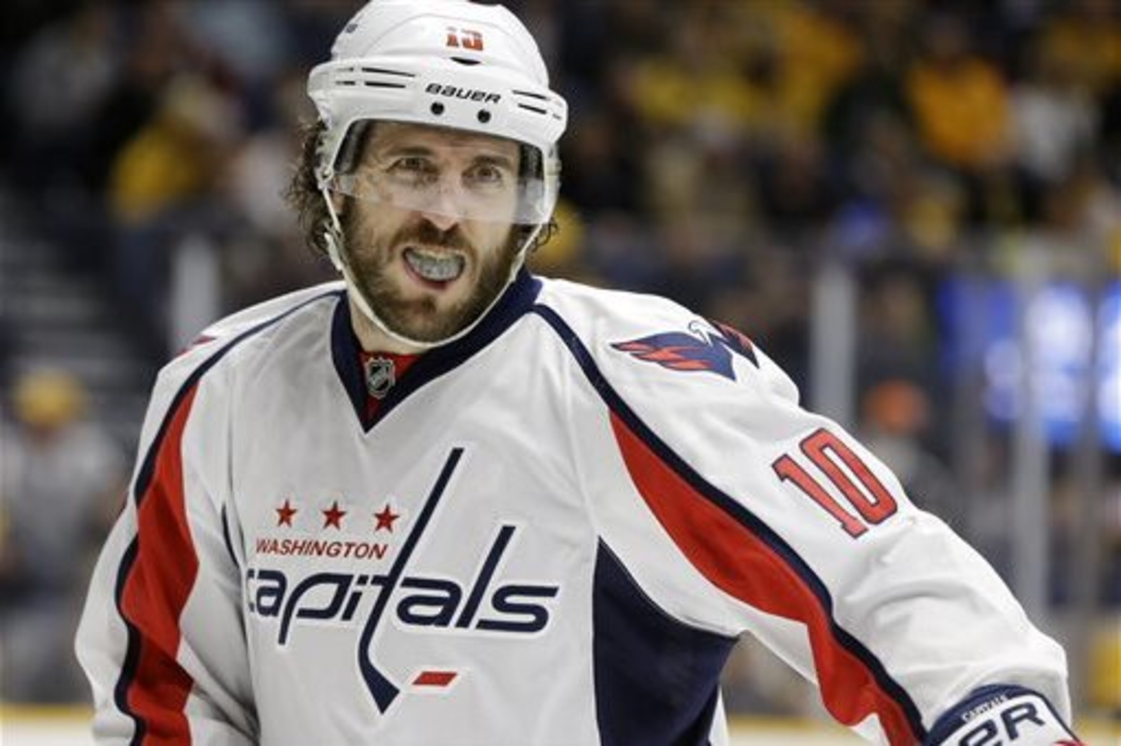FILE - In this Feb. 9, 2016, file photo, Washington Capitals center Mike Richards plays against the Nashville Predators in the first period of an NHL hockey game in Nashville, Tenn. Los Angeles Kings general manager Dean Lombardi thought he found his