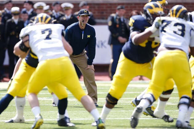 ANN ARBOR, MI - APRIL 04: Head coach Jim Harbaugh of the Michigan Wolverines looks on during the Michigan Football Spring Game on April 4, 2015 at Michigan Stadium in Ann Arbor, Michigan.  (Photo by Gregory Shamus/Getty Images)