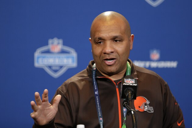 Cleveland Browns head coach Hue Jackson speaks during a press conference at the NFL football scouting combine in Indianapolis, Wednesday, Feb. 24, 2016. (AP Photo/Michael Conroy)
