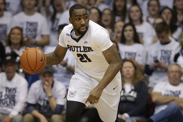 Butler's Roosevelt Jones (21) in action during the first half of an NCAA college basketball game against Xavier, Saturday, Feb. 13, 2016, in Indianapolis. (AP Photo/Darron Cummings)