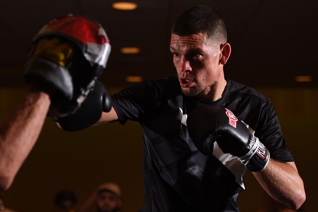 ORLANDO, FL - DECEMBER 17:   Nate Diaz works out for fans and media at the Hyatt Regency Orlando on December 17, 2015 in Orlando, Florida. (Photo by Josh Hedges/Zuffa LLC/Zuffa LLC via Getty Images)