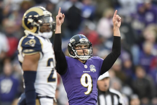 Baltimore Ravens kicker Justin Tucker (9) celebrates his game winning field goal during the second half of an NFL football game against the St. Louis Rams in Baltimore, Sunday, Nov. 22, 2015. The Ravens defeated the Rams 16-13. (AP Photo/Gail Burton)