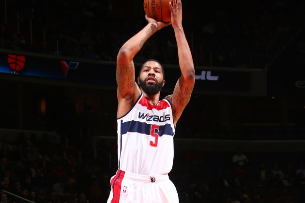 WASHINGTON, DC -  FEBRUARY 23:  Markieff Morris #5 of the Washington Wizards shoots the ball against the New Orleans Pelicans on February 23, 2016 at Verizon Center in Washington, DC. NOTE TO USER: User expressly acknowledges and agrees that, by downloading and or using this Photograph, user is consenting to the terms and conditions of the Getty Images License Agreement. Mandatory Copyright Notice: Copyright 2016 NBAE (Photo by Ned Dishman/NBAE via Getty Images)