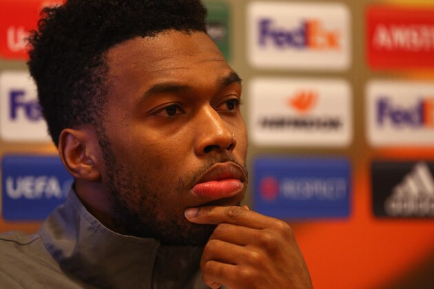 LIVERPOOL, ENGLAND - FEBRUARY 24:  Daniel Sturridge looks on during a Liverpool press conference ahead of their UEFA Europa League round of 32 second leg match against FC Augsburg at Melwood Training Ground on February 24, 2016 in Liverpool, United Kingdom.  (Photo by Clive Brunskill/Getty Images)