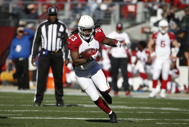Arizona Cardinals running back Chris Johnson (23) against the San Francisco 49ers during the first half of an NFL football game in Santa Clara, Calif., Sunday, Nov. 29, 2015. (AP Photo/Tony Avelar)