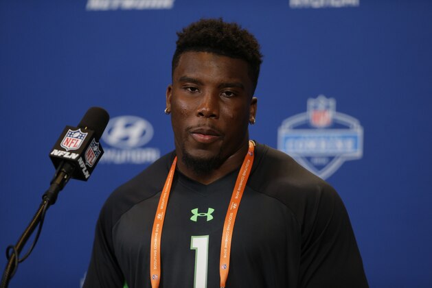 Auburn running back Peyton Barber speaks during a press conference at the NFL football scouting combine in Indianapolis, Wednesday, Feb. 24, 2016. (AP Photo/Michael Conroy)