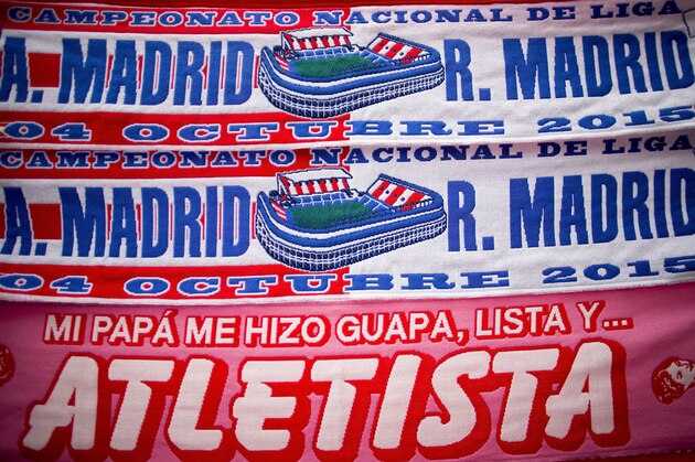 MADRID, SPAIN - OCTOBER 04:  The match,s sacrf is displayed at a merchandaising stall before the La Liga match between Club Atletico de Madrid and Real Madrid CF at Vicente Calderon Stadium outdoors on October 4, 2015 in Madrid, Spain.  (Photo by Gonzalo Arroyo Moreno/Getty Images)