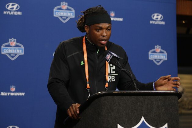 Alabama running back Derrick Henry speaks during a press conference at the NFL football scouting combine in Indianapolis, Wednesday, Feb. 24, 2016. (AP Photo/Michael Conroy)