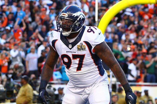 Feb 7, 2016; Santa Clara, CA, USA; Denver Broncos defensive tackle Malik Jackson (97) celebrates a first quarter defensive touchdown against the Carolina Panthers in Super Bowl 50 at Levi's Stadium. Mandatory Credit: Mark J. Rebilas-USA TODAY Sports