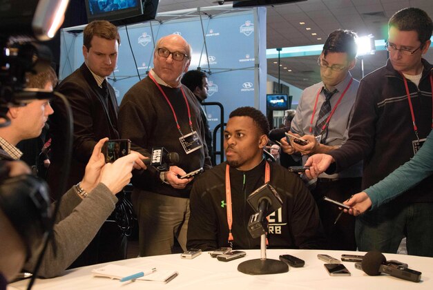 Feb 24, 2016; Indianapolis, IN, USA; Notre Dame Fighting Irish running back CJ Prosise speaks to the media during the 2016 NFL Scouting Combine at Lucas Oil Stadium. Mandatory Credit: Trevor Ruszkowski-USA TODAY Sports