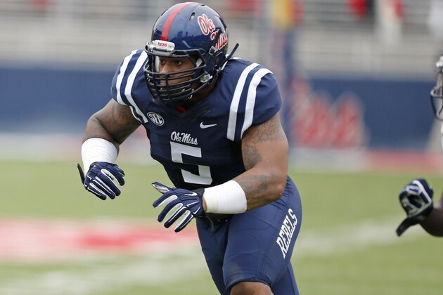 Mississippi defensive tackle Robert Nkemdiche (5) runs to the line of scrimmage in the first half of an NCAA college football game against Louisiana-Lafayette at Vaught-Hemingway Stadium in Oxford, Miss., Saturday, Sept. 13, 2014. No. 14 Mississippi won 56-15. (AP Photo/Rogelio V. Solis)