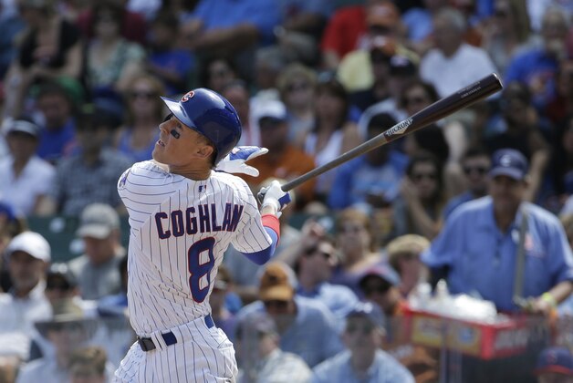 Chicago Cubs' Chris Coghlan hits a single against the Arizona Diamondbacks during the first inning of a baseball game Friday, Sept. 4, 2015, in Chicago. (AP Photo/Nam Y. Huh)