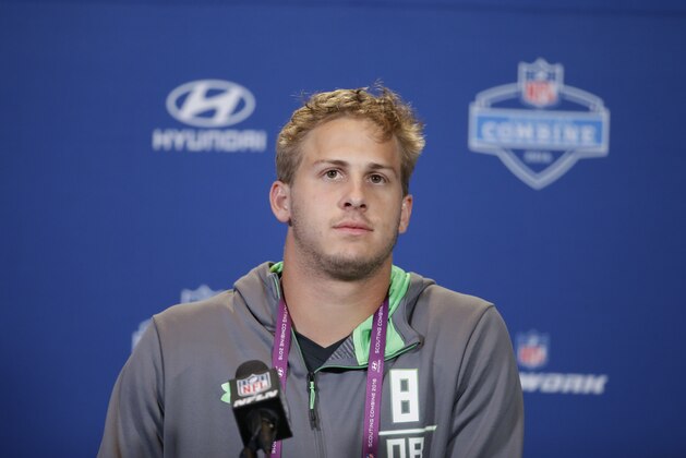 California quarterback Jared Goff responds to a question during a news conference at the NFL football scouting combine Thursday, Feb. 25, 2016, in Indianapolis. (AP Photo/Darron Cummings)