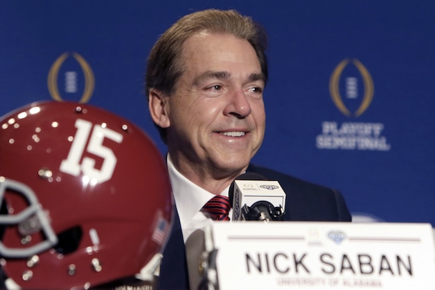 Alabama head coach Nick Saban smiles during a news conference for the Cotton Bowl NCAA college football game Wednesday, Dec. 30, 2015, in Arlington, Texas. Alabama and Michigan State face off in the Cotton Bowl, a College Football Playoff semifinal, on New Year's eve. (AP Photo/LM Otero)