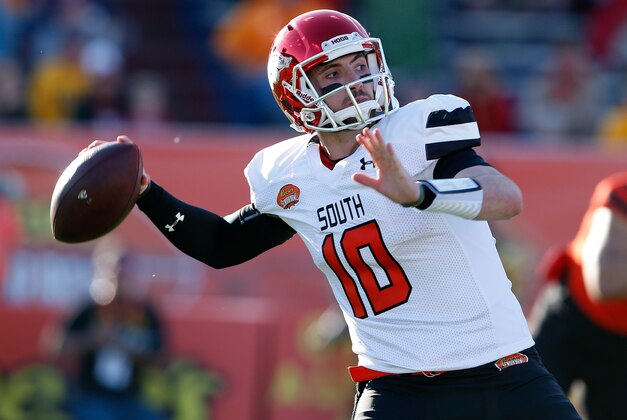 Jan 30, 2016; Mobile, AL, USA; South squad quarterback Brandon Allen of Arkansas (10) throws a pass during second half of the Senior Bowl at Ladd-Peebles Stadium. Mandatory Credit: Butch Dill-USA TODAY Sports