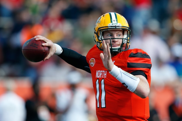 Jan 30, 2016; Mobile, AL, USA; North squad quarterback Carson Wentz of North Dakota State (11) looks to throw a pass during first half of the Senior Bowl at Ladd-Peebles Stadium. Mandatory Credit: Butch Dill-USA TODAY Sports