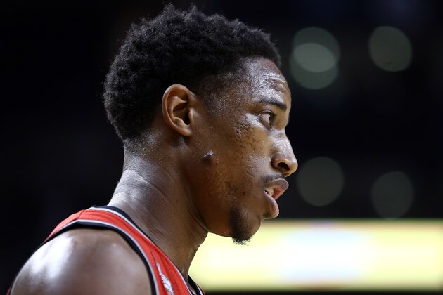 TORONTO, ON - FEBRUARY 24:  DeMar DeRozan #10 of the Toronto Raptors looks on during the second half of an NBA game against the Minnesota Timberwolves at the Air Canada Centre on February 24, 2016 in Toronto, Ontario, Canada.  NOTE TO USER: User expressly acknowledges and agrees that, by downloading and or using this photograph, User is consenting to the terms and conditions of the Getty Images License Agreement.  (Photo by Vaughn Ridley/Getty Images)