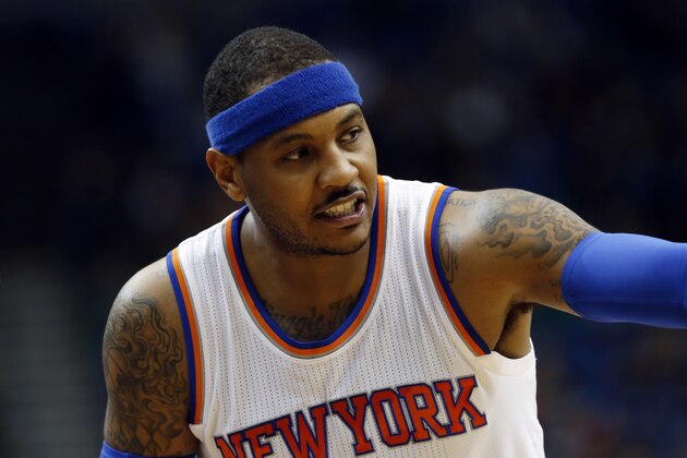 New York Knicks' Carmelo Anthony plays during the first quarter of an NBA basketball game against the Minnesota TimberwolvesSaturday, Feb. 20, 2016, in Minneapolis. (AP Photo/Jim Mone)