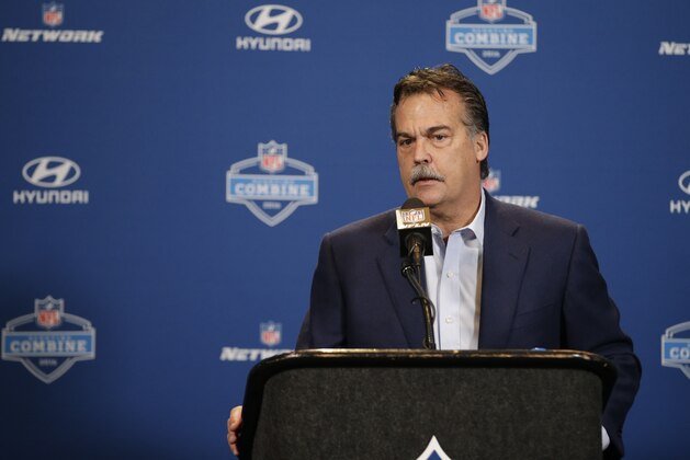 Los Angeles Rams head coach Jeff Fisher responds to a question during a news conference at the NFL football scouting combine Wednesday, Feb. 24, 2016, in Indianapolis.  (AP Photo/Darron Cummings)