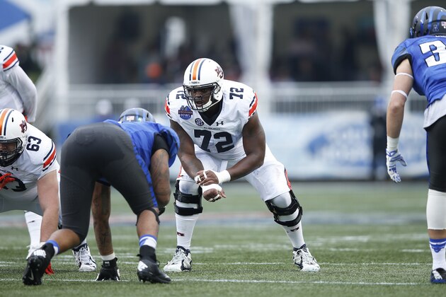 BIRMINGHAM, AL - DECEMBER 30: Shon Coleman #72 of the Auburn Tigers in action against the Memphis Tigers during the Birmingham Bowl at Legion Field on December 30, 2015 in Birmingham, Alabama. Auburn defeated Memphis 31-10. (Photo by Joe Robbins/Getty Images)