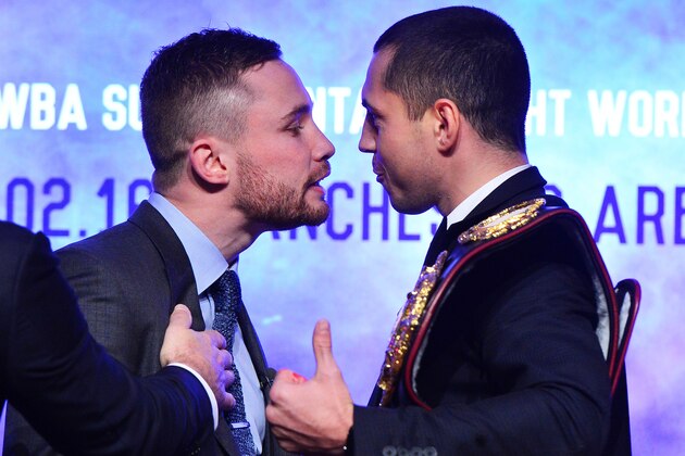 BELFAST, NORTHERN IRELAND - NOVEMBER 18:  Carl Frampton (L) and Scott Quigg (R) exchange heated words during the WBA and IBF super-bantamweight world title unification pre-fight press conference at Europa Hotel on November 18, 2015 in Belfast, Northern Ireland. The much anticipated fight will take place in Manchester on February 27, 2015.  (Photo by Charles McQuillan/Getty Images)