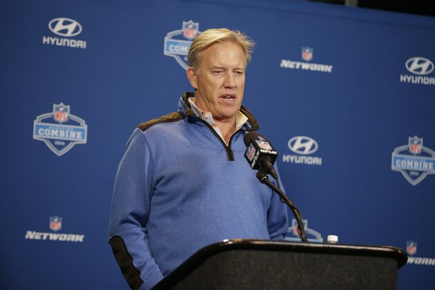 Denver Broncos general manager John Elway responds to a question during a news conference at the NFL football scouting combine Thursday, Feb. 25, 2016, in Indianapolis. (AP Photo/Darron Cummings)