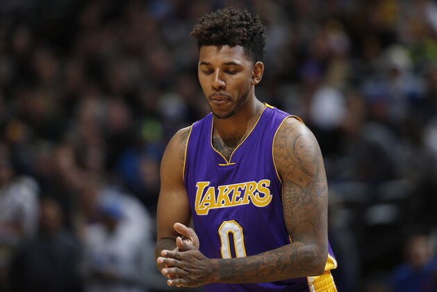 Los Angeles Lakers forward Nick Young (0) in the second half of an NBA basketball game Tuesday, Dec. 22, 2015, in Denver. The Lakers won 111-107. (AP Photo/David Zalubowski)