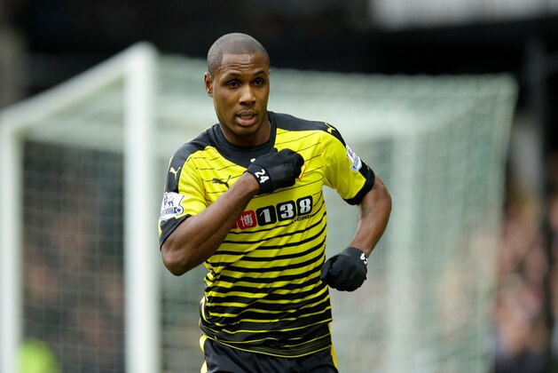 Watford's Odion Ighalo celebrates scoring his side's second goal during the English Premier League soccer match between Watford and Liverpool at Vicarage Road stadium in Watford, Sunday, Dec. 20, 2015. (AP Photo/Matt Dunham)
