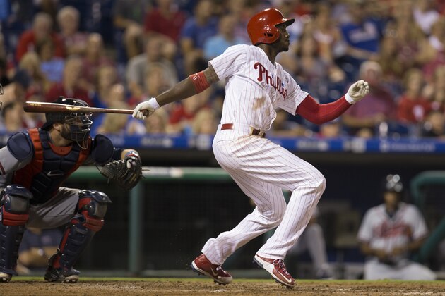 Philadelphia Phillies' Domonic Brown in action during the eighth inning of a baseball game against the Atlanta Braves, Friday, July 31, 2015, in Philadelphia. The Phillies won 9-3. (AP Photo/Chris Szagola)