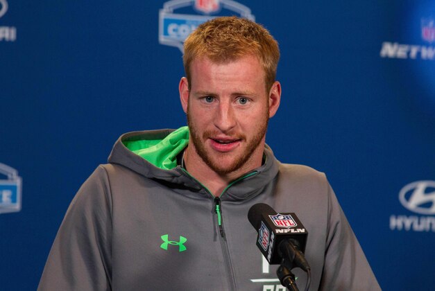 Feb 25, 2016; Indianapolis, IN, USA; North Dakota State quarterback Carson Wentz speaks to the media during the 2016 NFL Scouting Combine at Lucas Oil Stadium. Mandatory Credit: Trevor Ruszkowski-USA TODAY Sports