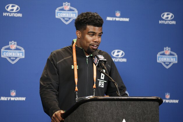 Ohio St. running back Ezekiel Elliott responds to a question during a news conference at the NFL football scouting combine Thursday, Feb. 25, 2016, in Indianapolis. (AP Photo/Darron Cummings)