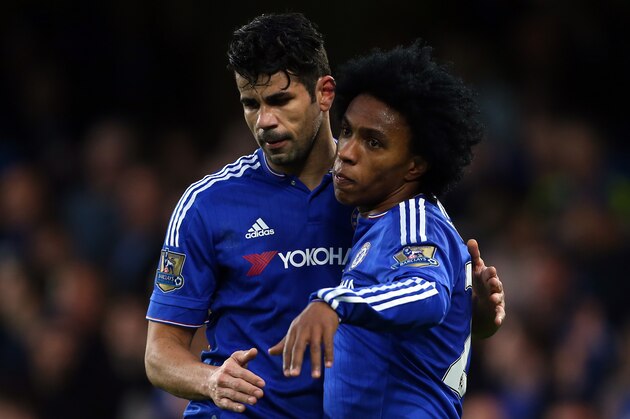 LONDON, ENGLAND - DECEMBER 26:  Diego Costa and Willian of Chelsea during the Barclays Premier League match between Chelsea and Watford at Stamford Bridge on December 26, 2015 in London, England.  (Photo by Catherine Ivill - AMA/Getty Images)