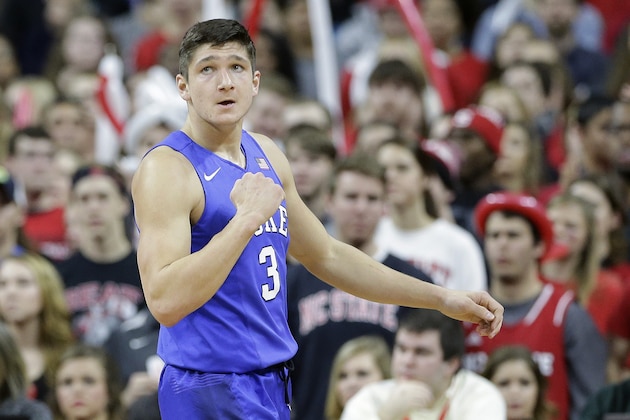 Duke's Grayson Allen (3) reacts following a basket against North Carolina State during the first half of an NCAA college basketball game in Raleigh, N.C., Saturday, Jan. 23, 2016. Duke won 88-78. (AP Photo/Gerry Broome)