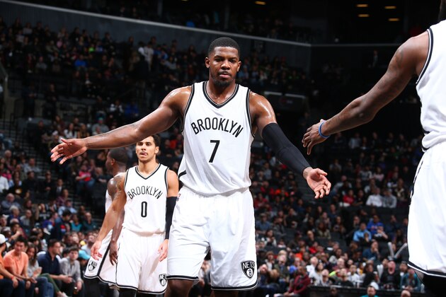 BROOKLYN, NY - FEBRUARY 21:  Joe Johnson #7 of the Brooklyn Nets shakes hands with his teammates during the game against the Charlotte Hornets on February 21, 2016 at Barclays Center in Brooklyn, New York. NOTE TO USER: User expressly acknowledges and agrees that, by downloading and or using this Photograph, user is consenting to the terms and conditions of the Getty Images License Agreement. Mandatory Copyright Notice: Copyright 2016 NBAE (Photo by Nathaniel S. Butler/NBAE via Getty Images)