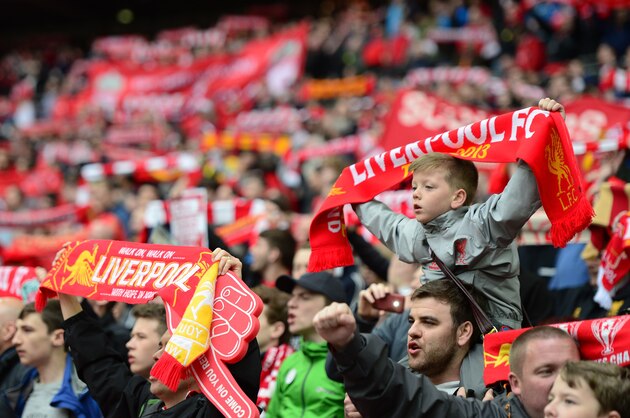 LONDON, ENGLAND - APRIL 19:  Liverpool fans show their colours during the FA Cup Semi Final between Aston Villa and Liverpool at Wembley Stadium on April 19, 2015 in London, England.  (Photo by Jamie McDonald/Getty Images)