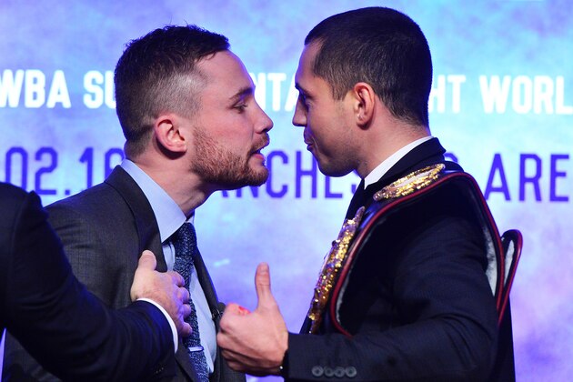 BELFAST, NORTHERN IRELAND - NOVEMBER 18:  Carl Frampton (L) and Scott Quigg (R) exchange heated words during the WBA and IBF super-bantamweight world title unification pre-fight press conference at Europa Hotel on November 18, 2015 in Belfast, Northern Ireland. The much anticipated fight will take place in Manchester on February 27, 2015.  (Photo by Charles McQuillan/Getty Images)