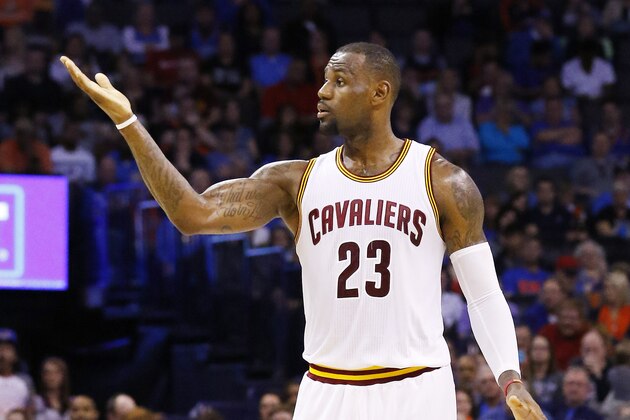 Cleveland Cavaliers forward LeBron James (23) mentions to his team during a play against the Oklahoma City Thunder during the first half of an NBA basketball game in Oklahoma City, Sunday, Feb. 21, 2016. (AP Photo/Alonzo Adams)