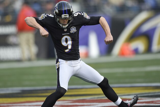 Baltimore Ravens' Justin Tucker (9) reacts his his field goal during the first half of an NFL football game against the Pittsburgh Steelers in Baltimore, Sunday, Dec. 27, 2015. (AP Photo/Nick Wass)