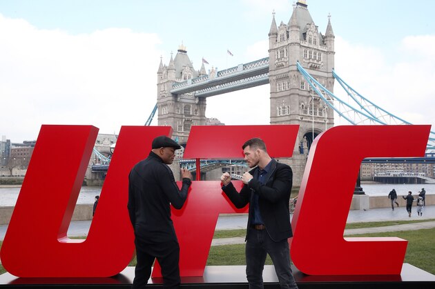 LONDON, ENGLAND - FEBRUARY 25:  Michael Bisping (R) and Anderson Silva face off at Tower Bridge on February 25, 2016 in London, England.  (Photo by Scott Heavey/Zuffa LLC/Zuffa LLC via Getty Images)