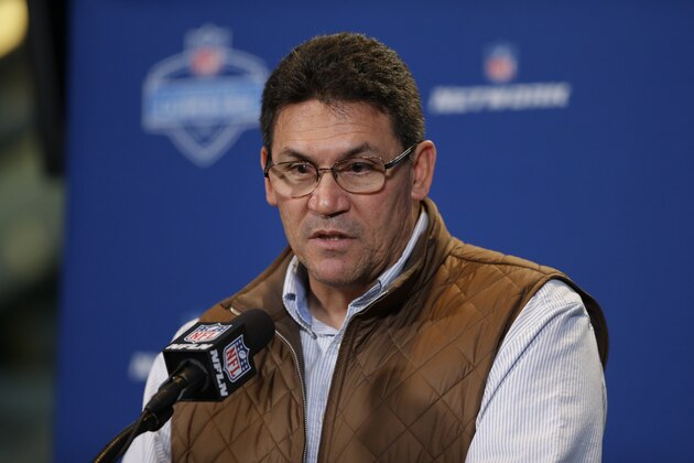 Carolina Panthers head coach Ron Rivera speaks during a press conference at the NFL football scouting combine in Indianapolis, Thursday, Feb. 25, 2016. (AP Photo/Michael Conroy)